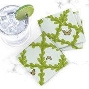 Yellow Butterflies on a Diamond Shape Bright Green vine and light blue teal background