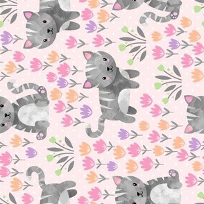 Spring Kittens and Flowers, shell pink – baby girl fabric (8” repeat) ROTATED