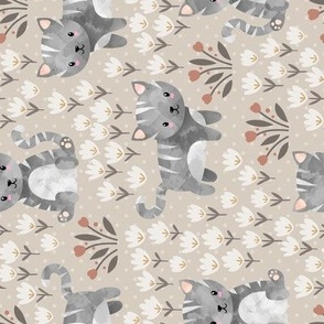Spring Kittens and Flowers, neutral boho oyster – baby girl fabric (8” repeat) ROTATED