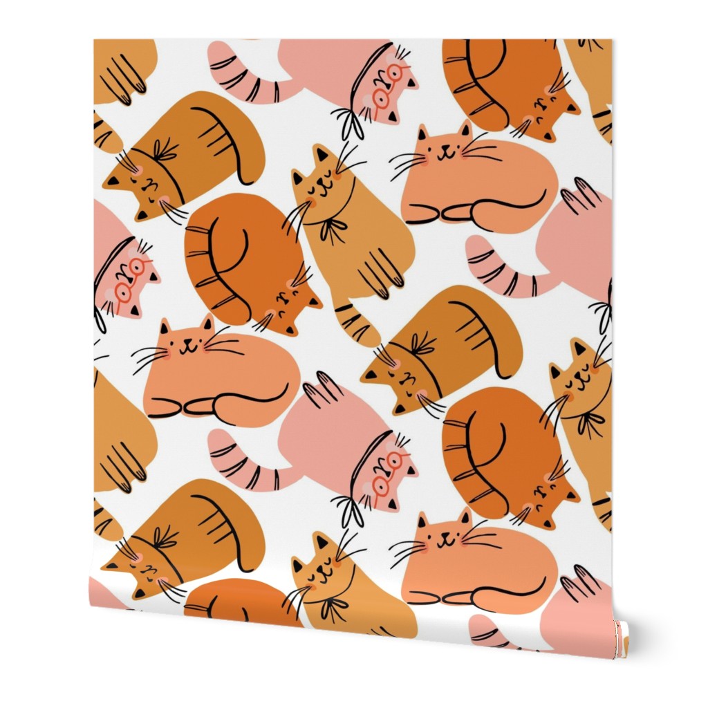 Cats with bows and glasses in neutral tan, peach, rust, blush pink on white background