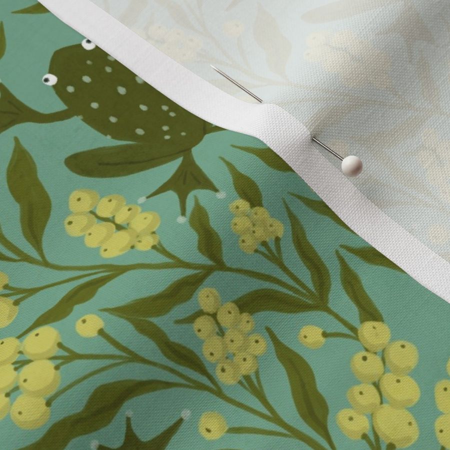 Leap Frog damask in olive green with yellow berries on turquoise blue-small