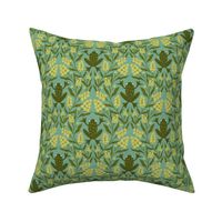 Leap Frog damask in olive green with yellow berries on turquoise blue-small