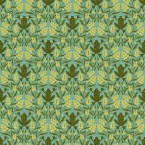 Leap Frog damask in olive green with yellow berries on turquoise blue-small