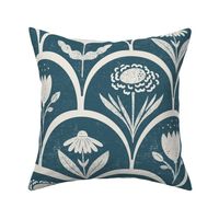 block print floral in navy and off white - floral hand carved arches block stamp printing - large scale