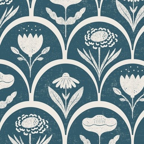 block print floral in navy and off white - floral hand carved arches block stamp printing - large scale