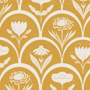 block print floral in mustard yellow and off white - floral hand carved arches block stamp printing - large scale