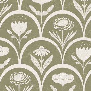 block print floral in olive green and off white - floral hand carved arches block stamp printing - large scale