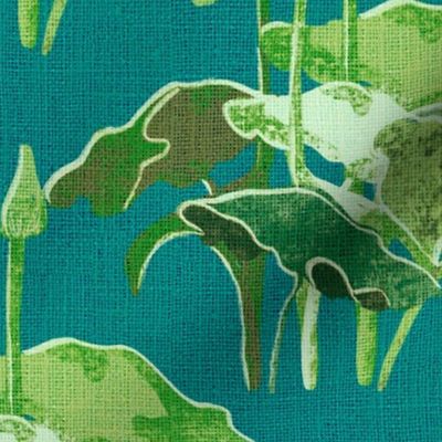 12” repeat Painterly botanical forest lake plants on faux burlap woven texture leap year frog coordinate on dark teal faux woven texture background