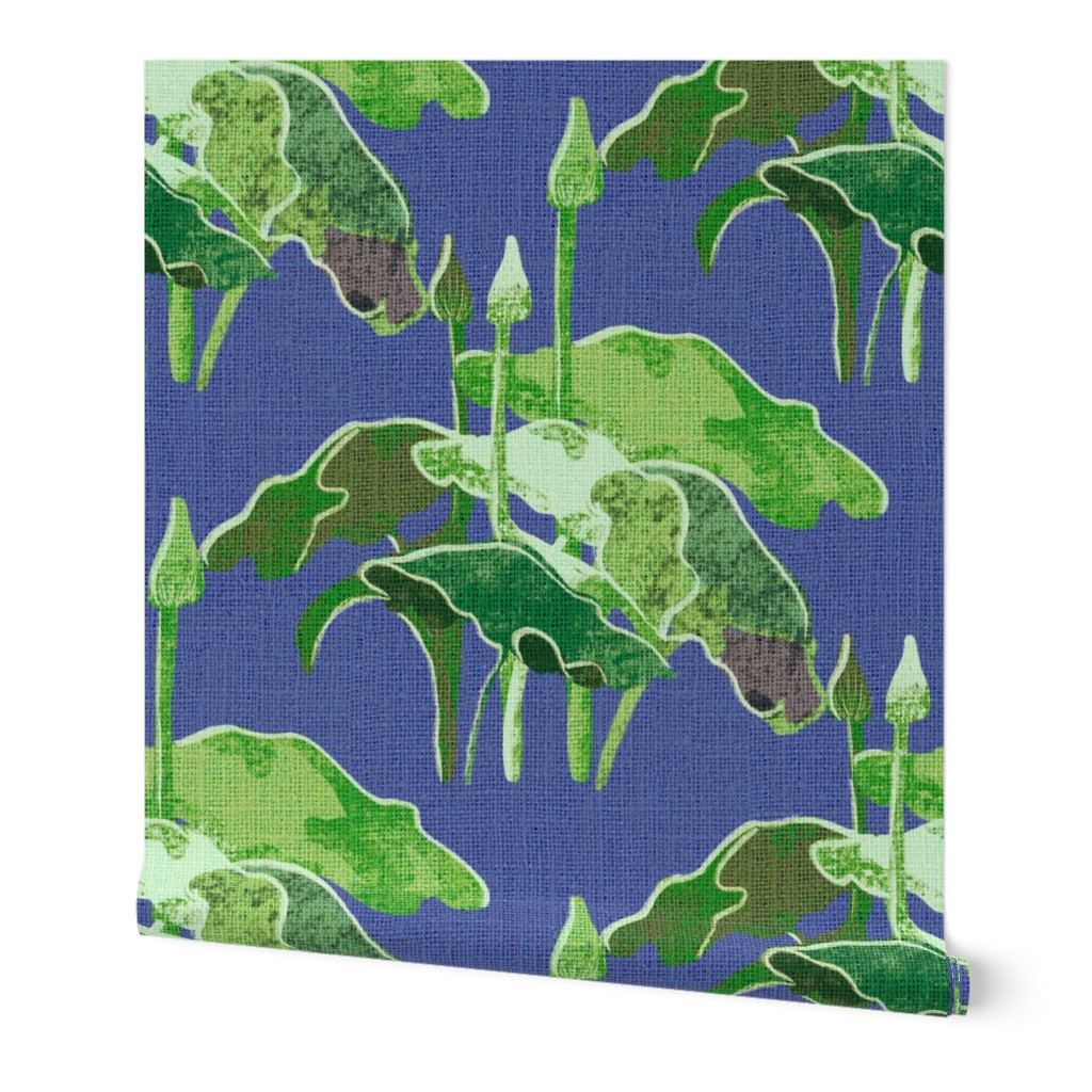 24” repeat Painterly botanical forest lake plants on faux burlap woven texture leap year frog coordinate on denim blue nova  faux woven texture background