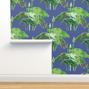 24” repeat Painterly botanical forest lake plants on faux burlap woven texture leap year frog coordinate on denim blue nova  faux woven texture background