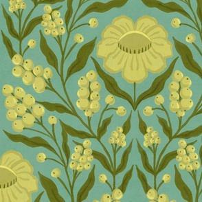 Cheerful yellow flowers and berries with olive green leaves on light turquoise blue- Jumbo