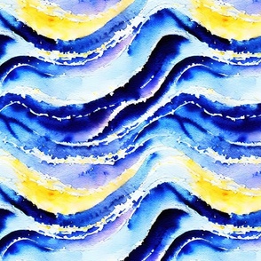 Watercolor Ocean Waves - 1374 large // horizontal blue yellow