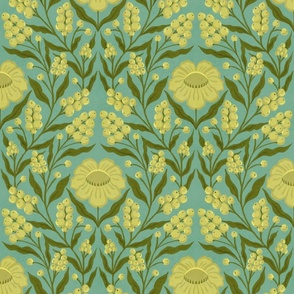 Cheerful yellow flowers and berries with olive green leaves on light turquoise blue