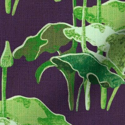12” repeat Painterly botanical forest lake plants on faux burlap woven texture leap year frog coordinate on deep purple  faux woven texture background