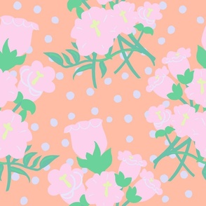 Foxglove Blooms Pastel Pink, Lilac Purple And Pale Yellow On Peach Fuzz 50’s Retro Modern Wallpaper Floral Half-Drop Pattern Written On The Wind Movie Palette