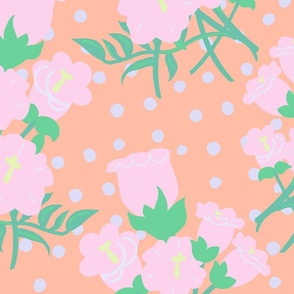 Big Foxglove Blooms Pastel Pink, Lilac Purple And Pale Yellow On Peach Fuzz 50’s Retro Modern Wallpaper Floral Half-Drop Pattern Written On The Wind Movie Palette