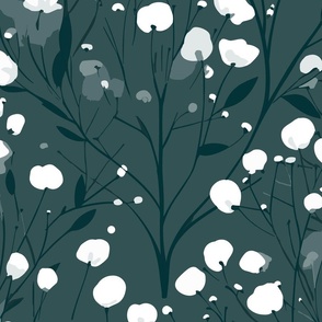 Abstract white flowers on dark green, winter flowers - large scale