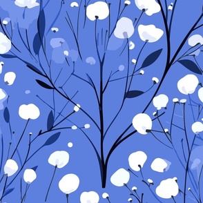 Abstract white flowers on darker  sky blue, winter flowers - large scale