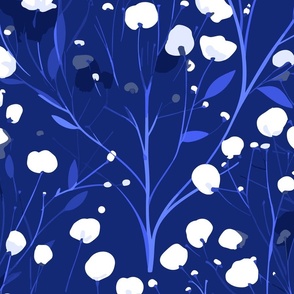 Abstract white flowers on bold cobalt blue, winter flowers - large scale