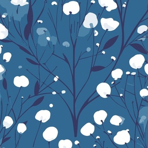 Abstract white flowers on darker  teal blue, winter flowers - large scale
