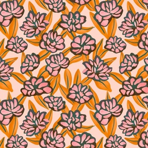 Retro Peonies Orange Pink and Teal Small