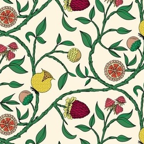 (M) Handdrawn botanical fantasy fruit vines with textured pomegranate, lemon, fig, strawberry motifs, green, red, yellow on creme