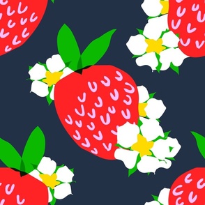 Strawberry Squared Navy Denim Blue Big Summer Fruit And Flowers Retro Modern Grandmillennial Garden Floral Botany Red, Green, Yellow And White Scandi Kitchen Repeat Pattern