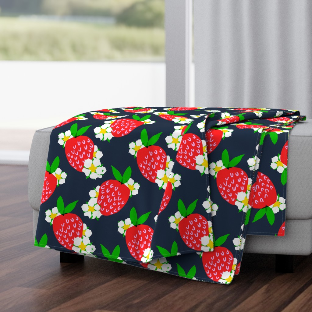 Strawberry Squared Navy Blue Mini Summer Fruit And Flowers Retro Modern Grandmillennial Garden Floral Botany Red, Green, Yellow And White Scandi Kitchen Repeat Pattern