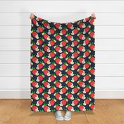 Strawberry Squared Navy Blue Mini Summer Fruit And Flowers Retro Modern Grandmillennial Garden Floral Botany Red, Green, Yellow And White Scandi Kitchen Repeat Pattern