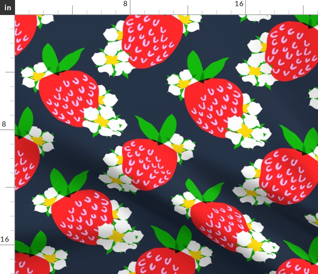 Strawberry Squared Navy Blue Mini Summer Fruit And Flowers Retro Modern Grandmillennial Garden Floral Botany Red, Green, Yellow And White Scandi Kitchen Repeat Pattern
