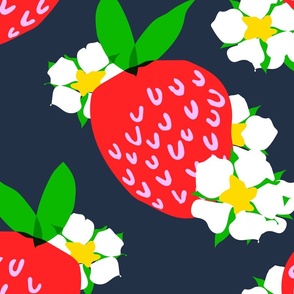 Strawberry Squared Navy Blue Big Summer Fruit And Flowers Retro Modern Grandmillennial Garden Floral Botany Red, Green, Yellow And White Scandi Kitchen Repeat Pattern