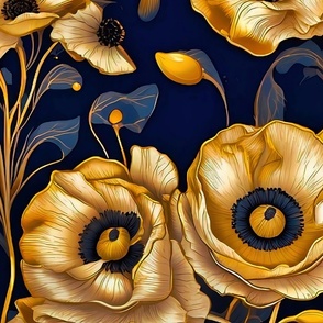 gold beige flowers dark blue backgroung