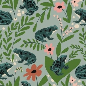 Leap year frogs with ferns leaves and flowers