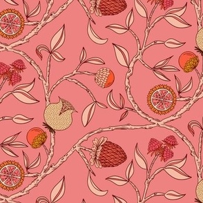 (M) Handdrawn botanical fantasy fruit vines with textured pomegranate, lemon, fig, strawberry motifs, peach on rose pink