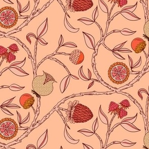 (M) Handdrawn botanical fantasy fruit vines with textured pomegranate, lemon, fig, strawberry motifs, peach fuzz