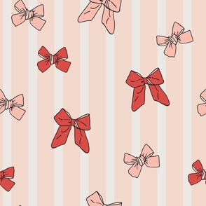 L | Soft Pink Bow Stripes with Red and Pink Ribbon Bows Cute Girly Feminine Nursery or Tween Bedroom