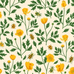 Buttercups and Beetles on Soft Yellow (Large Scale)