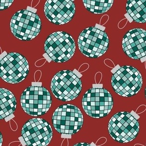 Green Disco Ball Christmas Ornaments on Red Background