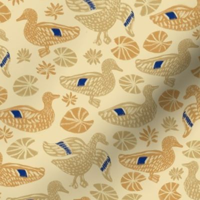 Ducks in the pond with water lilies on cream beige background
