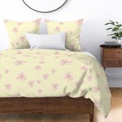 Floral Rosy Pink Flowers / Jumbo size / Pastel soft yellow / Floral Wallpaper, Bedding blanket, Curtains.