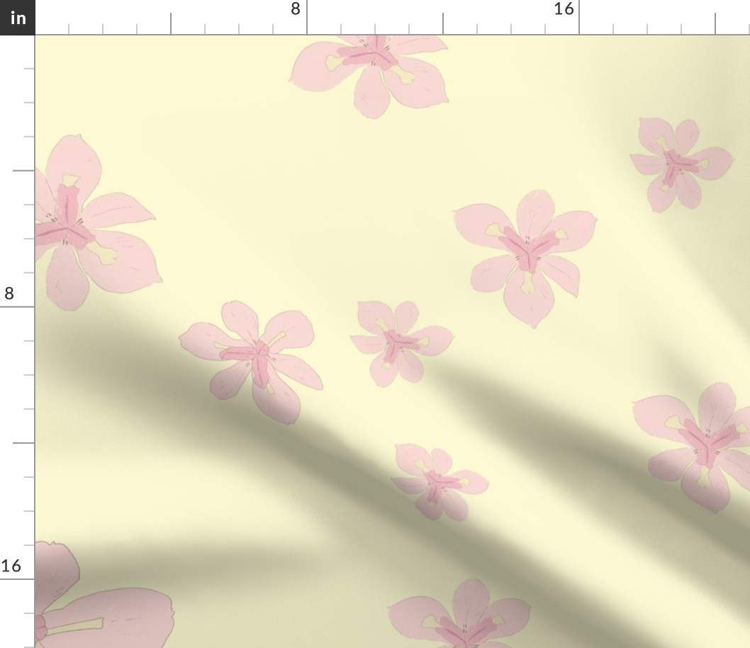 Floral Rosy Pink Flowers / Jumbo size / Pastel soft yellow / Floral Wallpaper, Bedding blanket, Curtains.