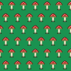 Red Fly Amanita Mushroom  Pixel Painting On Green Background