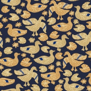 Ducks in the pond with water lilies on dark blue background / cream / brown / copper