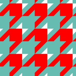 Happy Houndstooth in Vibrant Fire Red and White on Blueish Green, medium