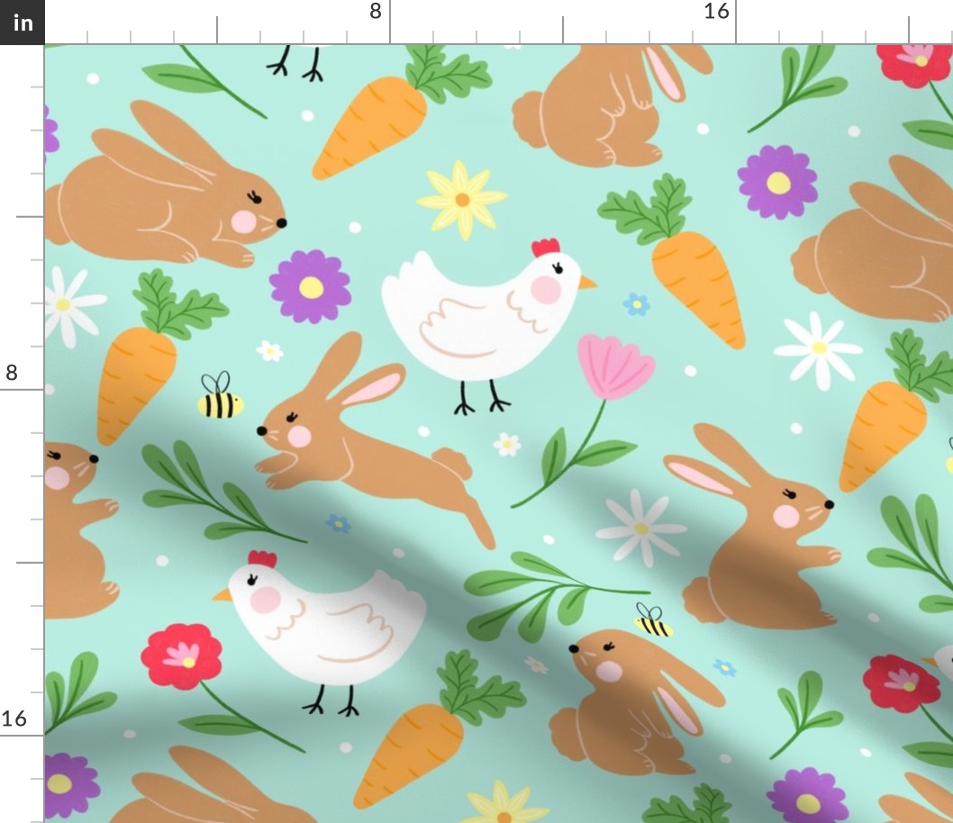 Floral Spring Easter Bunnies, flowers and chickens on light turquoise