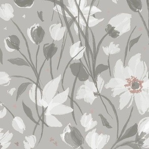 (L) Wild Anemones | Cream White Flowers on Warm Neutral Mist Grey | Large Scale