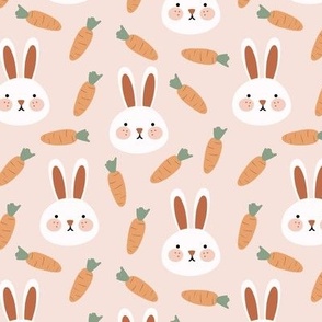 Cute Easter bunnies, carrots on pink 6x6