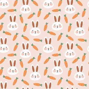 Small 4x4 Cute Easter bunnies, carrots on pink 