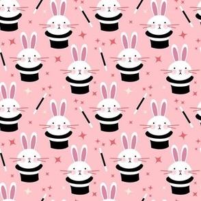 Cute magical bunnies in hats, on pink 4x4