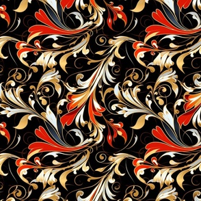 Baroque Opulence: Swirling Golden Scrolls on Black Seamless Pattern